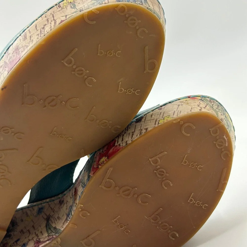b.o.c. Wedge Sandals Womens 9 Teal Floral Cork Platform Mules C42613 Boho Summer